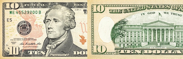 10 dollarbiljet, twee kanten achtergrond, bannerfoto. Amerikaans geld, Amerikaans geld