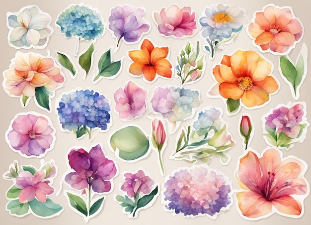 写真 10 つの花のステッカー ページ全体がステッカーに満ちています 水彩デザイン 水彩スタイル