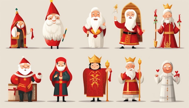 10 verschillende Sinterklaasjes op witte schaalachtergrond