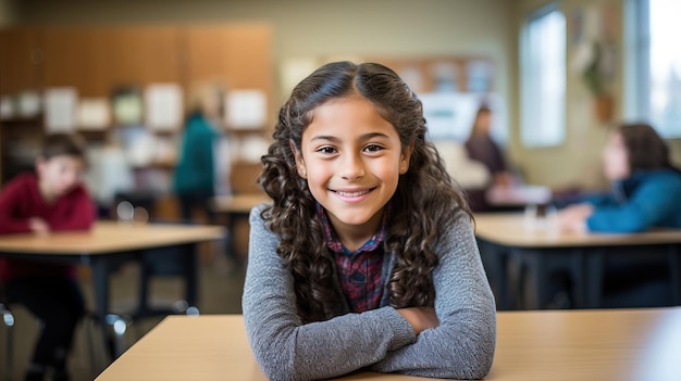 Фото Десятилетняя улыбающаяся школьница сидит в классе.