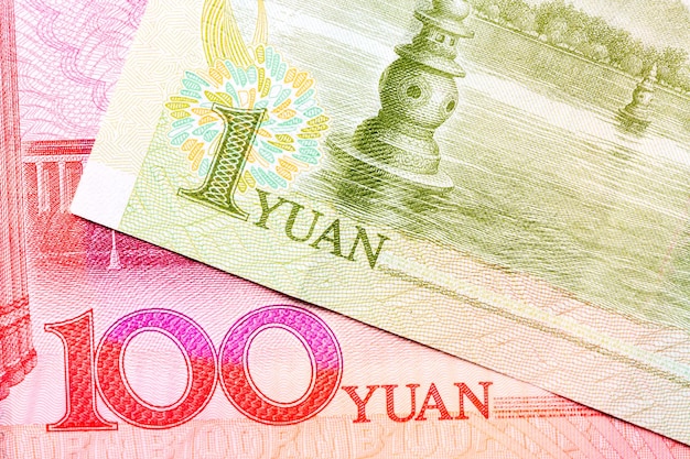 The 100 and 1 Yuan chinese currency banknote detail. Renminbi chinese money. Macro image