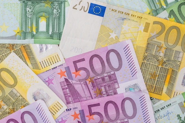 Photo 100, 200, 500 euro banknotes as background