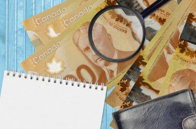 Банкноты 100 канадских долларов и увеличительное стекло с черным кошельком и блокнотом. Понятие о поддельных деньгах. Поиск различий в деталях денежных купюр для обнаружения фальшивых денег