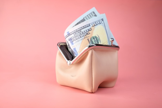 100 dollar cash in leather on pink space .