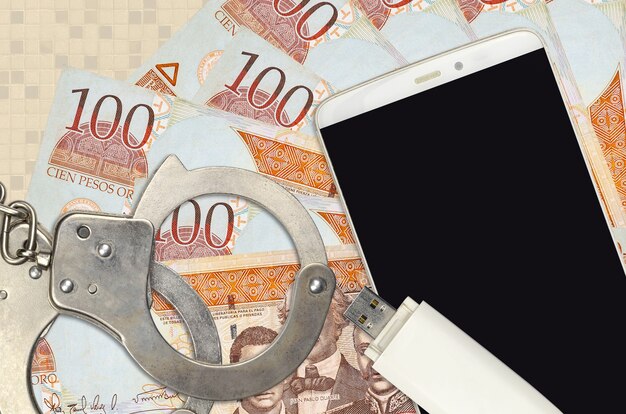 100 dominican peso bills and smartphone with police handcuffs