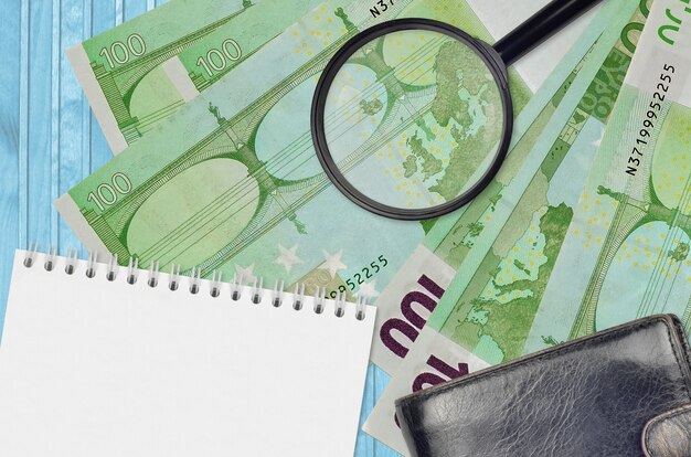 100 Euro bills and magnifying glass with black purse and notepad