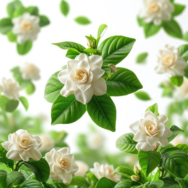 100 Gardenia Flowers Floating in the air on a white background style raw stylize 750 v 6 Job ID 2f3003bd67634f0583a763fbdeddcb87