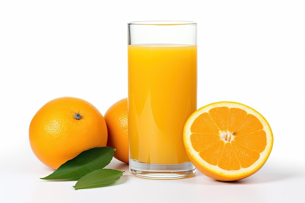 100 Orange juice in tall glass with fruit slices on white background