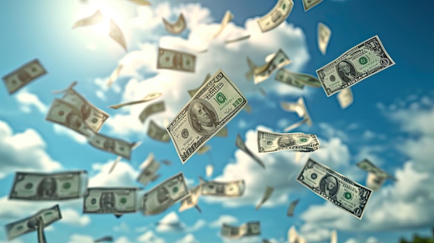 모션 블러 없이 푸른 하늘 배경 3D 렌더링에 날아다니는 100 미국 달러 지폐
