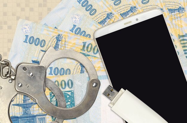 1000 Hungarian forint bills and smartphone with police handcuffs