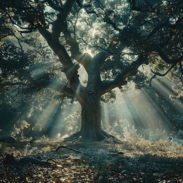 1000 year old oak tree with the sun shining through it