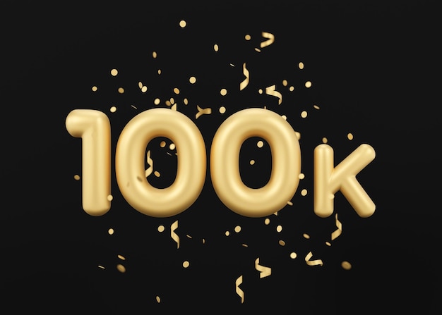 Карточка 100000 подписчиков с золотым конфетти на черном фоне Баннер для блога в социальной сети Празднование 100 тысяч подписчиков или лайков Плакат достижений в социальных сетях 3d-рендеринг