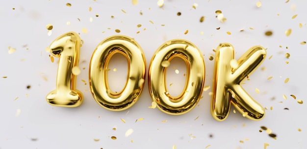 100k volgers viering. Sociale media prestatie poster. 100k volgers bedankt belettering. Gouden sprankelende confetti linten. Dankbaarheid tekst op witte achtergrond.