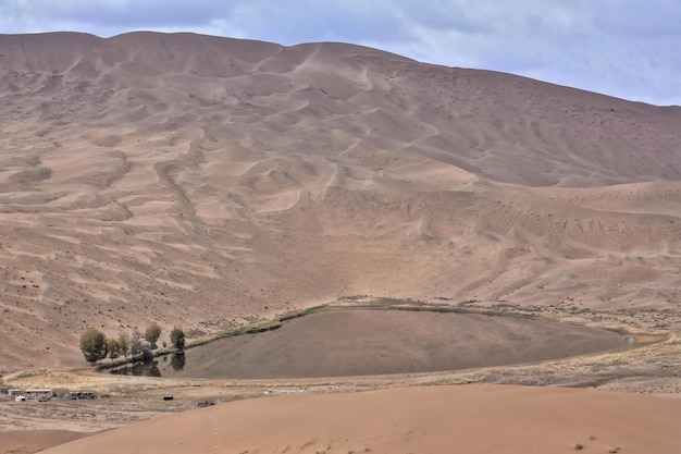 Photo 1063 lake tamaying-sand dunes-badain jaran desert-footprints on sand-overcast sky nei mongol-china