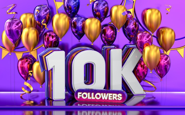 Празднование 10k подписчиков спасибо баннер в социальных сетях с 3d-рендерингом фиолетовых и золотых шаров