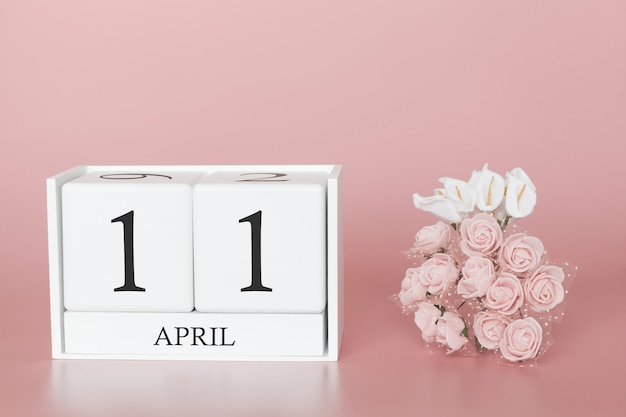 11 april. Dag 11 van de maand. Kalenderkubus op modern roze