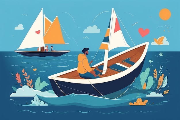 11 Creëer een beeld van een personage dat op een boot vaart gemaakt van zelfbevestigingen