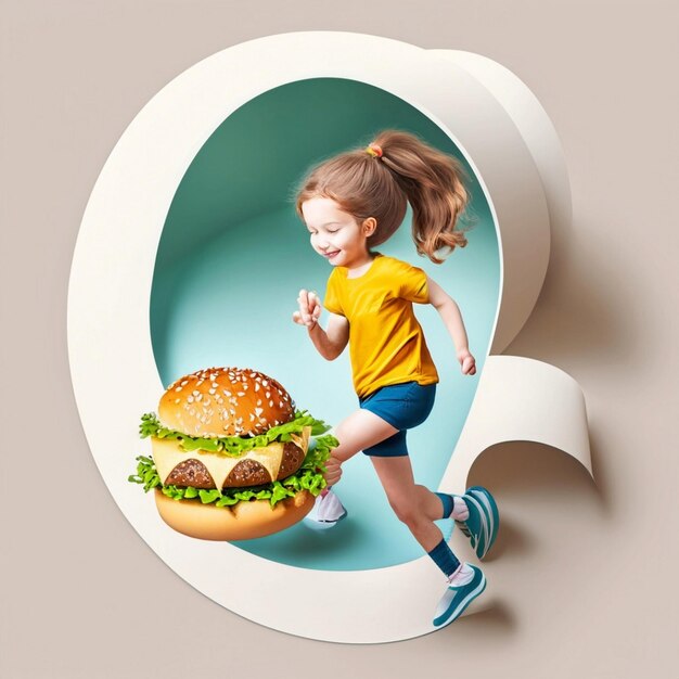 Foto 11-jarig kaukasisch meisje rent met een hamburger het gat in
