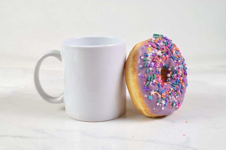 Photo 11 oz mug mockup with donut with sprinkles