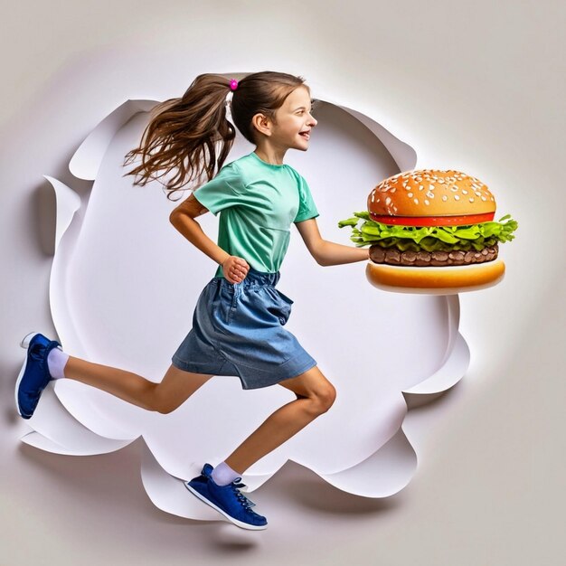 11 year old caucasian girl runs at on a burger into the hole