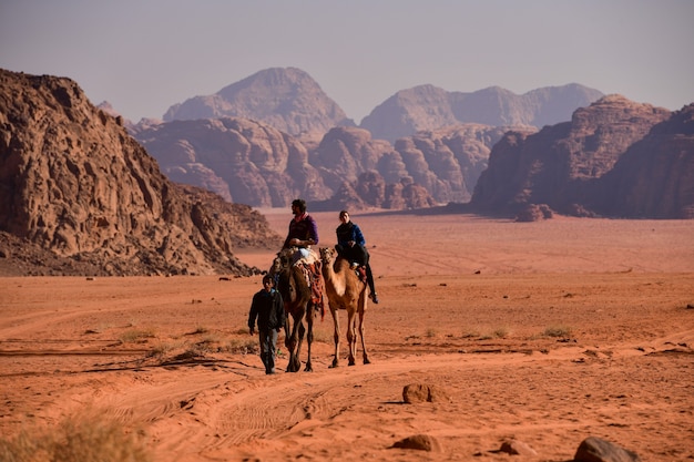 12-08-2018, deserto del wadirum giordania, turista e cammello nel deserto del wadi rum, famoso deserto di sabbia rossa in giordania