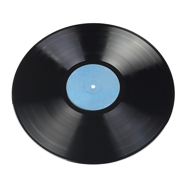 12-inch LP vinyl record with blank blue label isolated on white background