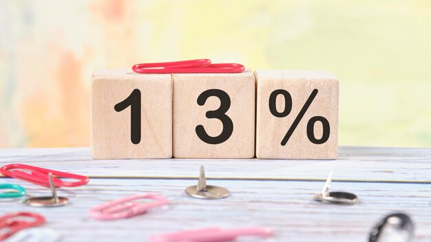 13 Percent text written on wooden cubes on a light colored background.