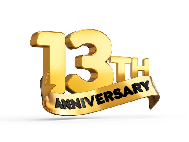 13th or thirteenth anniversary in gold on white background with shadow 3d illustration