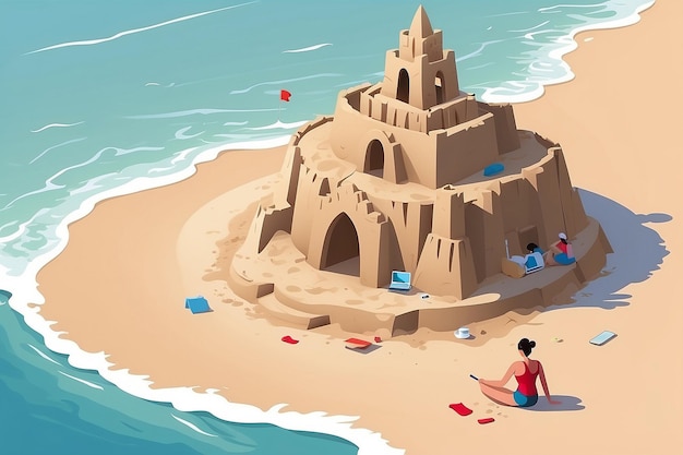 14 Design a vector of a person constructing a selflove sandcastle on the beach