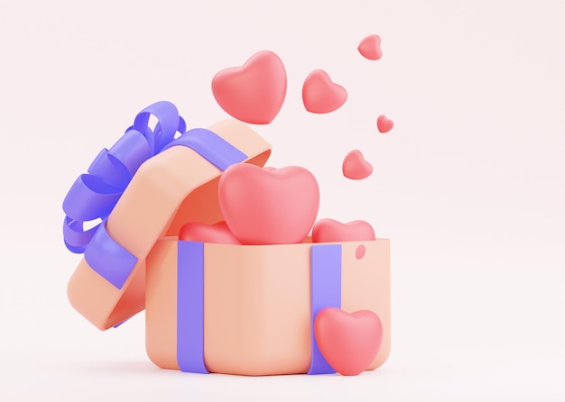 14 februari Valentijnsdag ontwerp 3D Realistische pastel geschenkdoos Opening vol vormharten