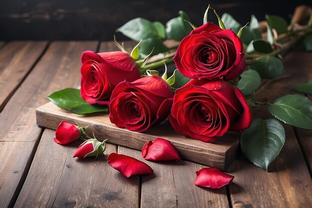 14 february Concept red roses on a wooden table