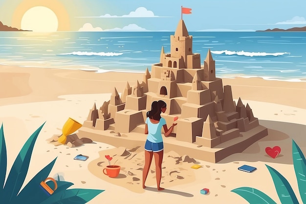 14 Ontwerp een vector van een persoon die een zelfgevoelend zandkasteel op het strand bouwt