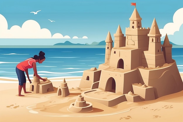 14 Ontwerp een vector van een persoon die een zelfgevoelend zandkasteel op het strand bouwt