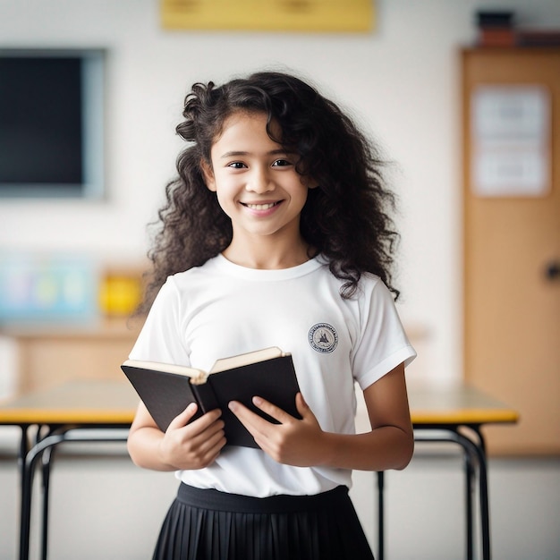 Foto una ragazza di 14 anni capelli ricci capelli neri maglietta bianca con libro sorriso carino stare in classe