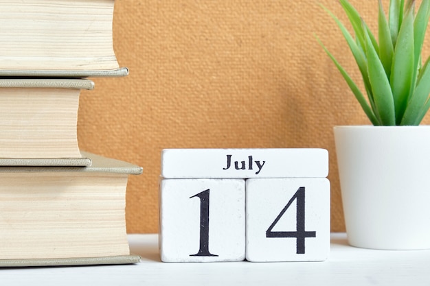 Концепция календаря месяца 14-ое июля четырнадцатого дня на деревянных блоках.