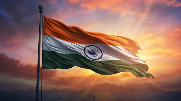 15 august India Independence Day Sunset background Waving flag design Generative ai