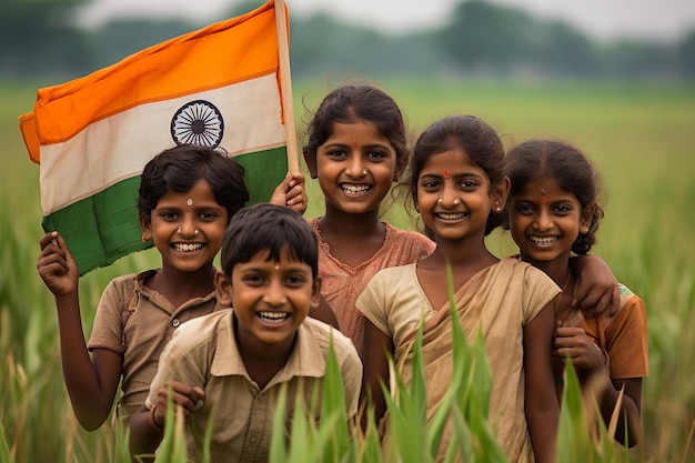 15 augustus Gelukkige Onafhankelijkheidsdag van India Hand in hand met de Indiase vlag Leger