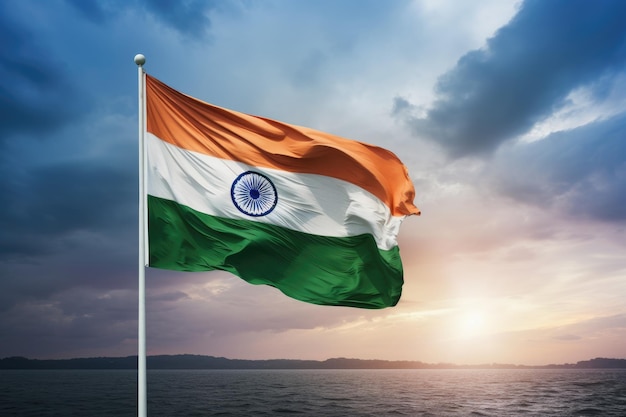 15 augustus India Onafhankelijkheidsdag Blauwe hemel achtergrond Wapperende vlag ontwerp Generatieve ai