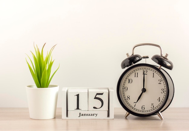 15 januari op een houten kalender, naast een retro wekker en een succulent in een minipot op een lichttafel. Een dag in januari. Winterdag. Een kopie van de ruimte. Werkplek.