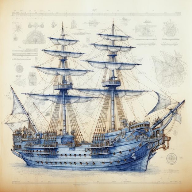 15 pirate warship a meticulous technical drawing on a papyrus background