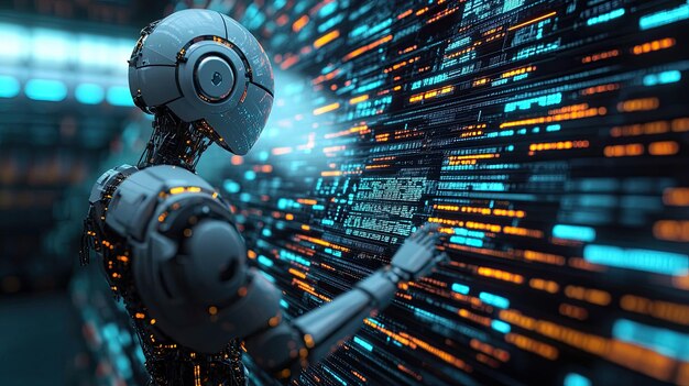 15 robotic algorithm coding itself surrounded by financial data streams selflearning ai autonomous financial algorithms