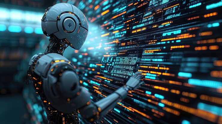 Photo 15 robotic algorithm coding itself surrounded by financial data streams selflearning ai autonomous financial algorithms