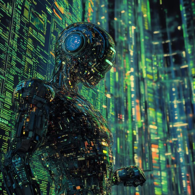 15 robotic algorithm coding itself surrounded by financial data streams selflearning ai autonomous financial algorithms