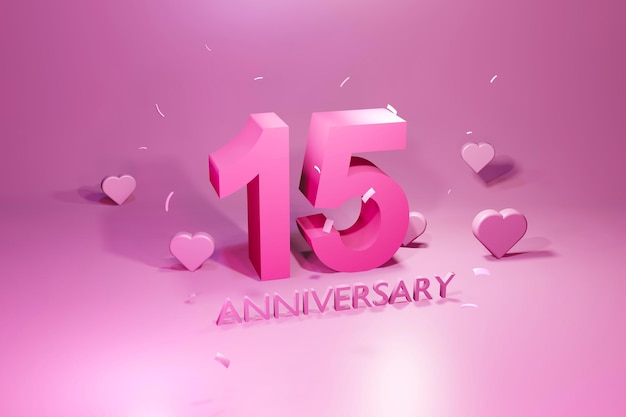 밝은 분홍색 배경 3d 렌더링에 15년 기념일 축하