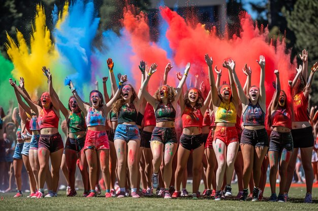 150 dancers throw black red white and green holi powder in the air