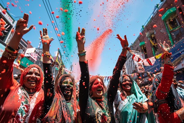 Photo 150 dancers throw black red white and green holi powder in the air