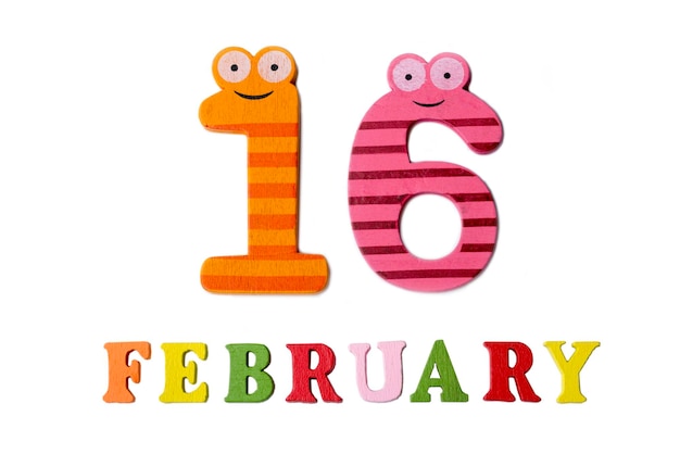 On 16 February on a white background numbers and letters