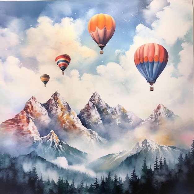 17 van 272 Foto een schilderij van ballonnen en een berg met een hemelachtergrond ai gegenereerd