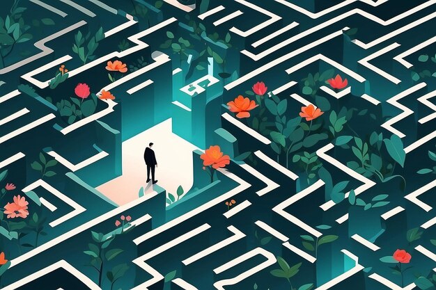 18 Design a vector of a person navigating a maze of selflove growth