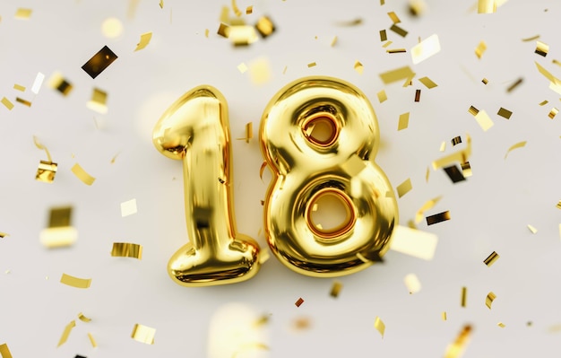 18 jaar oud. Gouden ballonnen nummer 18e verjaardag, gefeliciteerd met je verjaardag.